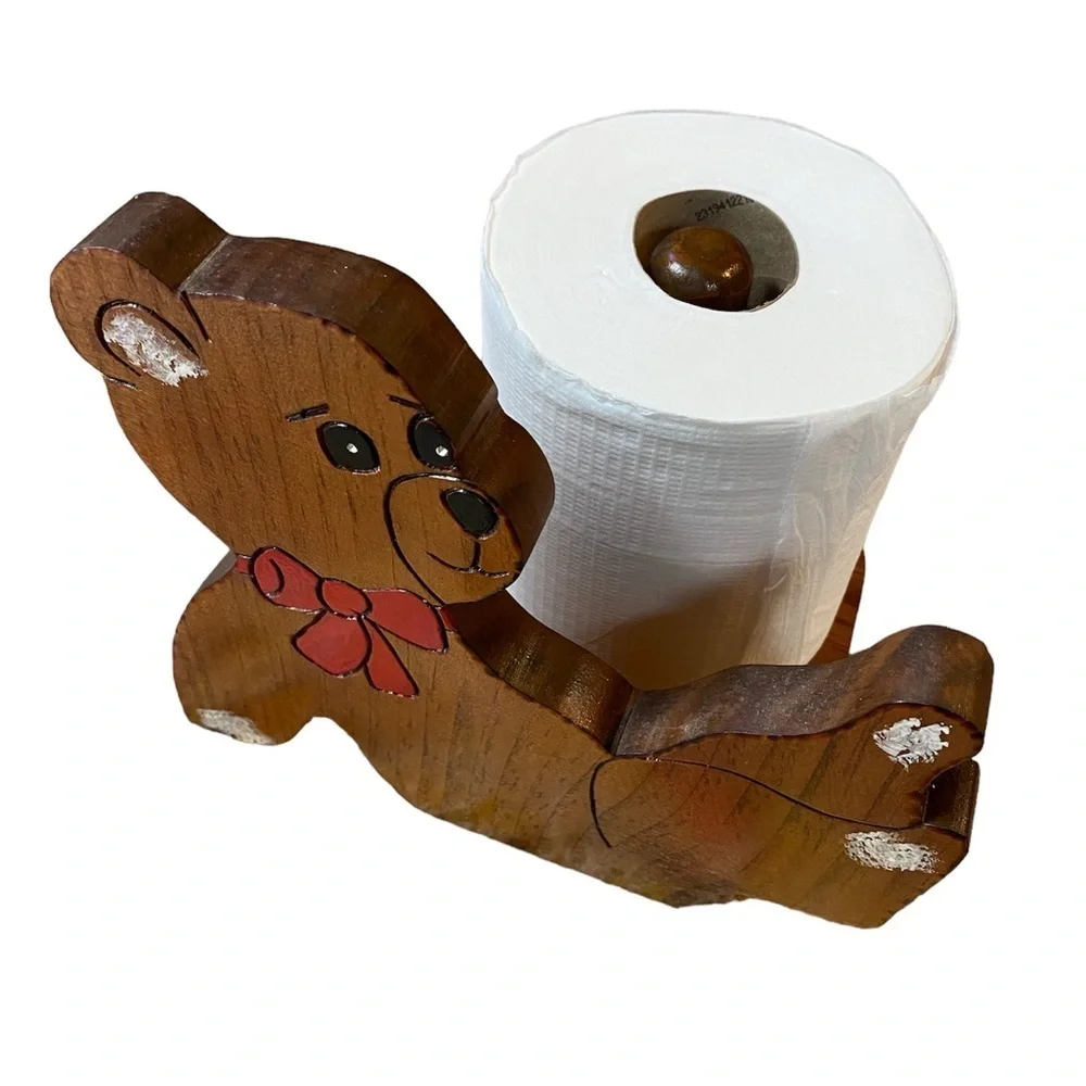 Vintage 1980s Wooden Teddy Bear Toilet Paper Holder